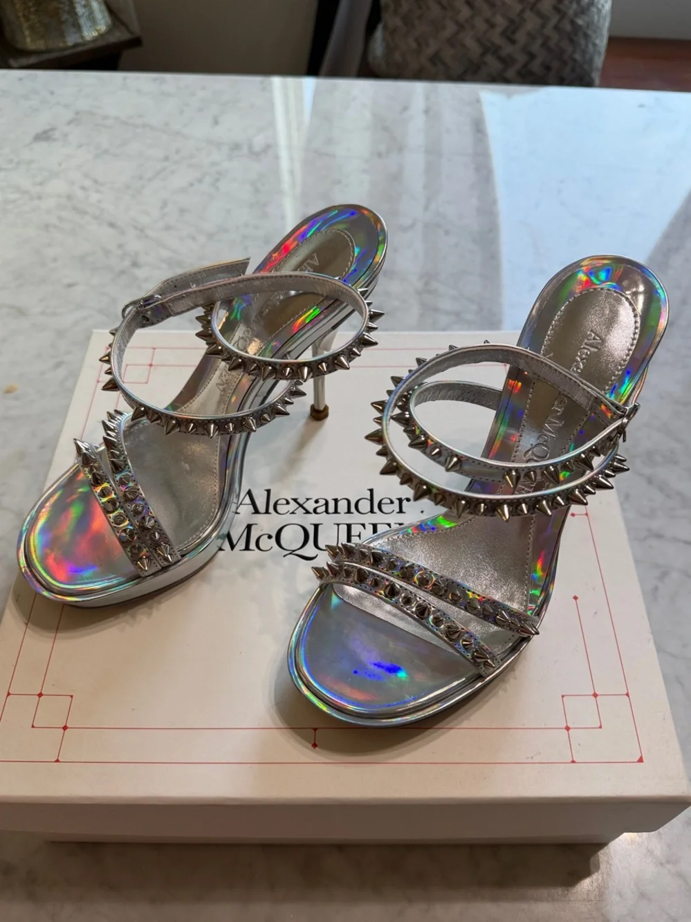 Alexander McQueen Iridescent Holographic Studded High Heel Sandals - Picture 1 of 8